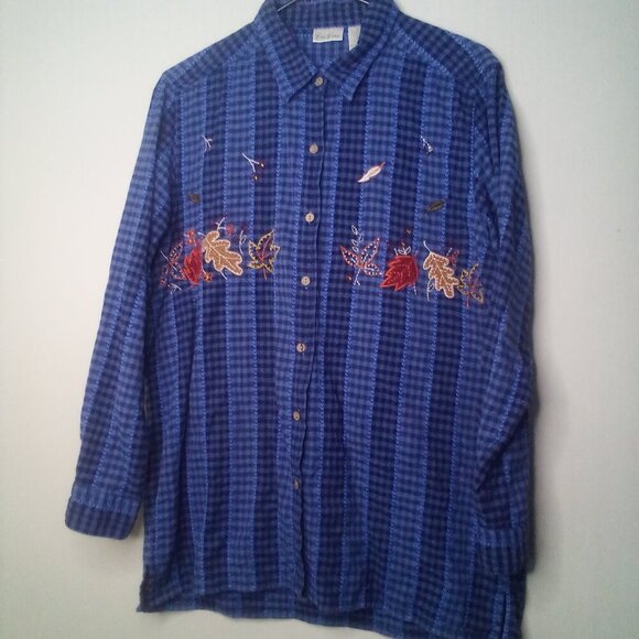 Bobbie Brooks Shirt L Women Long Sleeve Fall Leaves Button Up Plaid Blue - Picture 13 of 15